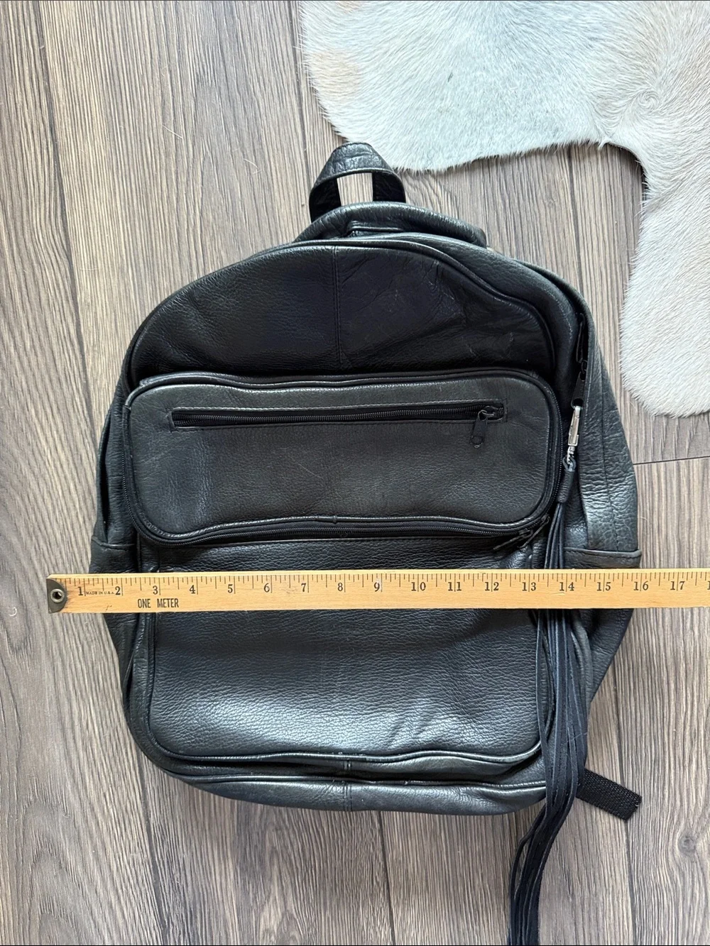 Vintage black genuine leather Backpack with removable Fringe full size